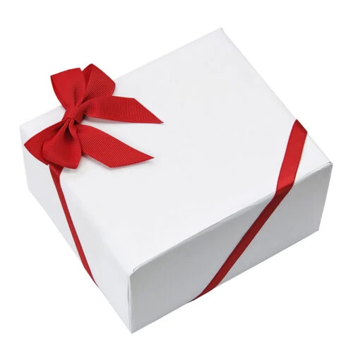 Custom white gift box with a handcrafted red Ribbon Bow with Elastic Loop by a leading gift bag manufacturer.