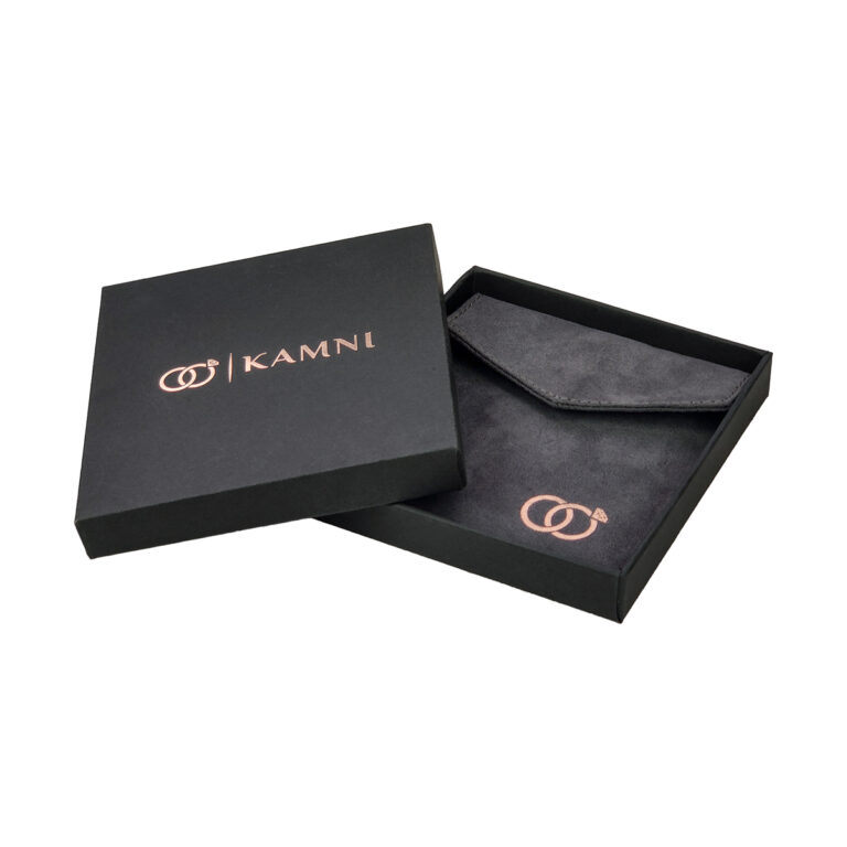 Custom flap envelope jewelry bag in faux suede with matching box, ideal for wholesale jewelry bags and boxes.