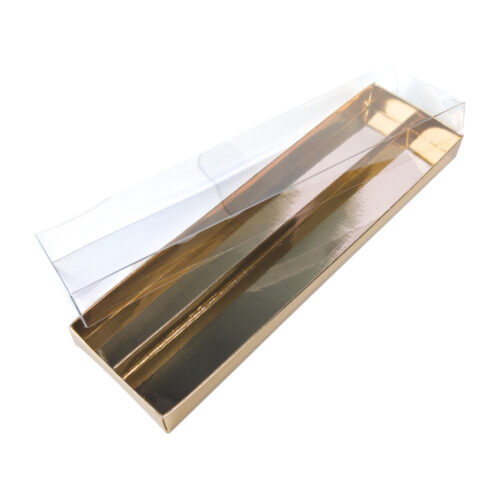 Customizable Gold Chocolate box with a reflective gold finish and clear lid.