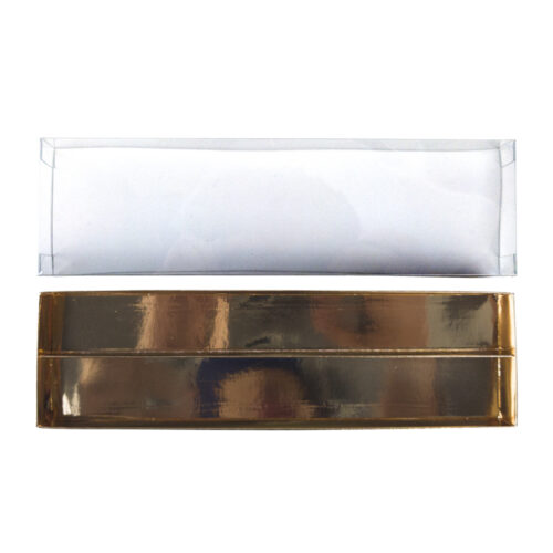 Customizable Gold Chocolate box with clear lid and reflective gold base.