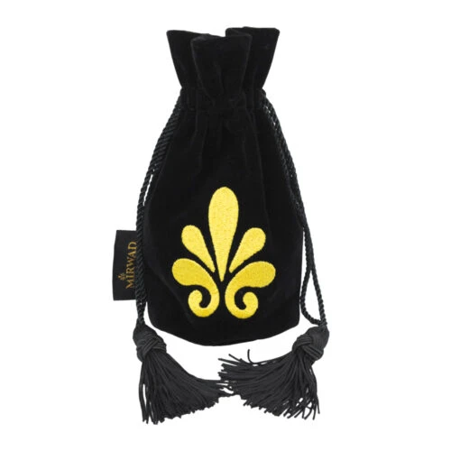 Individuell bestickte Samtbeutel mit luxuriösem schwarzem Design und leuchtend gelbem Blumenmotiv, ideal für hochwertige Verpackungslösungen.