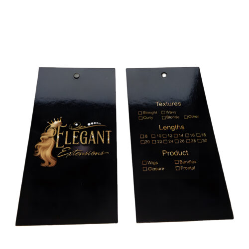 Étiquettes personnalisables pour cheveux et perruques avec le logo de la marque et les informations sur le produit.