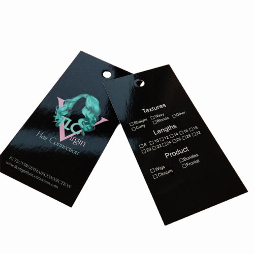 Étiquettes personnalisables pour cheveux et perruques avec le logo de la marque et les informations sur le produit.