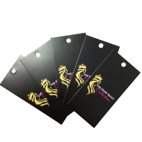 Étiquettes personnalisables pour cheveux et perruques avec le logo de la marque et les informations sur le produit.