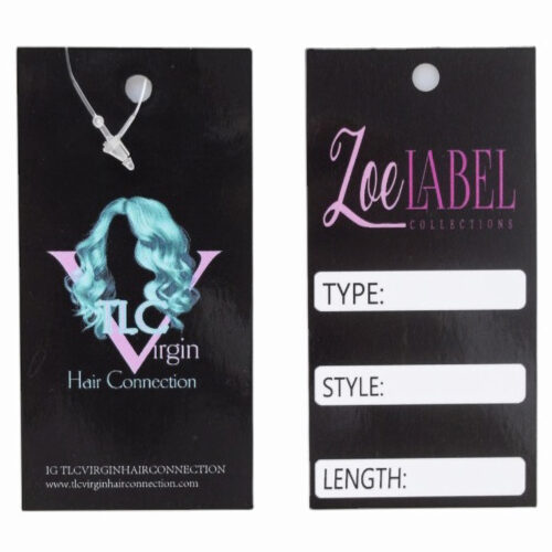 Étiquettes personnalisables pour cheveux et perruques avec le logo de la marque et les informations sur le produit.