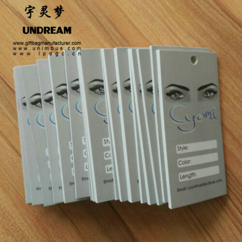 Étiquettes personnalisables pour cheveux et perruques avec le logo de la marque et les informations sur le produit.