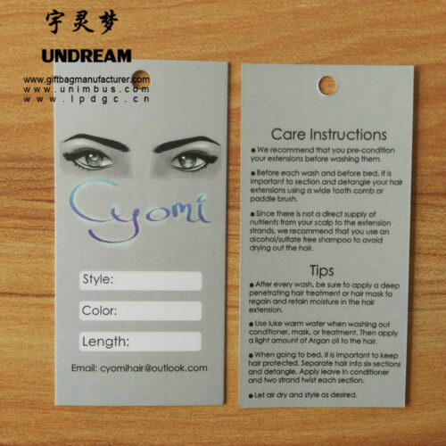 Étiquettes personnalisables pour cheveux et perruques avec le logo de la marque et les informations sur le produit.