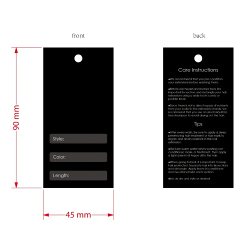 質感、長さ、スタイル、色、お手入れ方法のオプションを備えた、ヘア製品用のカスタマイズされたハングタグ テンプレート。