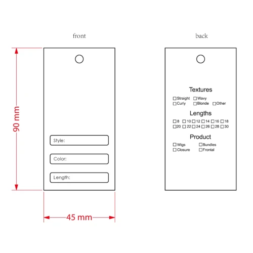 質感、長さ、スタイル、色、お手入れ方法のオプションを備えた、ヘア製品用のカスタマイズされたハングタグ テンプレート。
