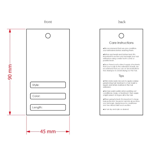 質感、長さ、スタイル、色、お手入れ方法のオプションを備えた、ヘア製品用のカスタマイズされたハングタグ テンプレート。