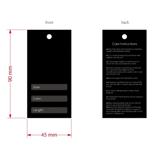 質感、長さ、スタイル、色、お手入れ方法のオプションを備えた、ヘア製品用のカスタマイズされたハングタグ テンプレート。
