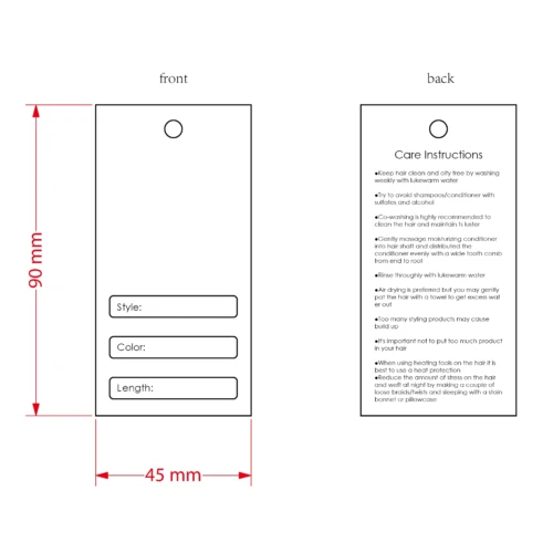 質感、長さ、スタイル、色、お手入れ方法のオプションを備えた、ヘア製品用のカスタマイズされたハングタグ テンプレート。