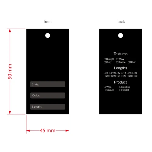 質感、長さ、スタイル、色、お手入れ方法のオプションを備えた、ヘア製品用のカスタマイズされたハングタグ テンプレート。