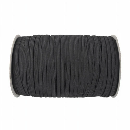 黒いゴムバンドの 1 ロールを水平に表示し、ゴムバンドの詳細を示します。