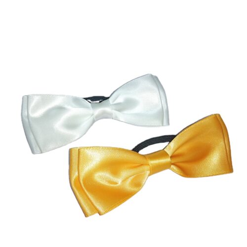 Gold and white wine bottle bow tie display
