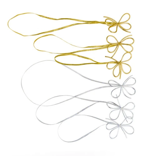 Individuelle metallische Geschenkschleife in Gold- und Silberfarben mit elastischer Schlaufe in drei Größen.