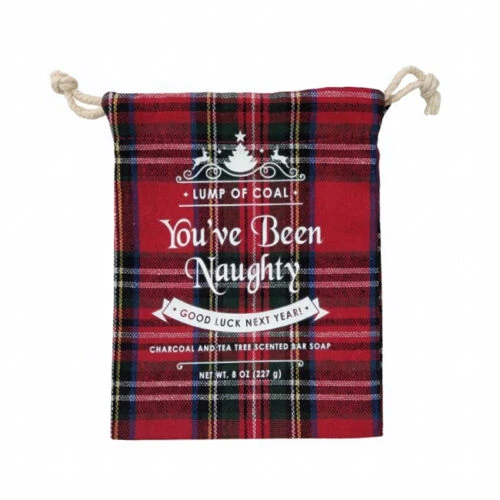 Roter Kordelzugbeutel mit Schottenmuster zum Verpacken handgemachter Seife.