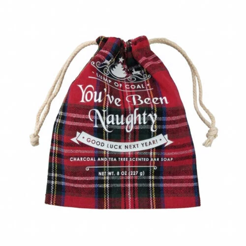 Schottenmuster-Kordelzugbeutel mit festgezogenem Kordelzug.