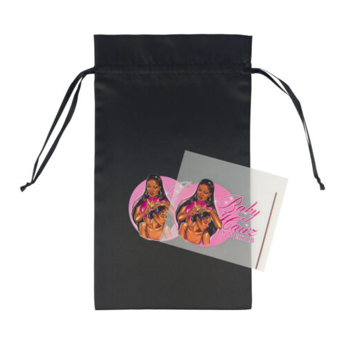 A flat-laid DTF Heat Transfer Printing Drawstring Bag with a printed DTF heat transfer film on it, showing the same logo as the bag.