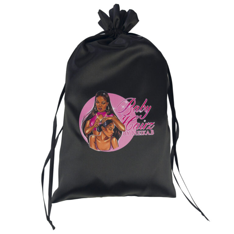 A DTF Heat Transfer Printing Drawstring Bag filled with items and tightened at the top.