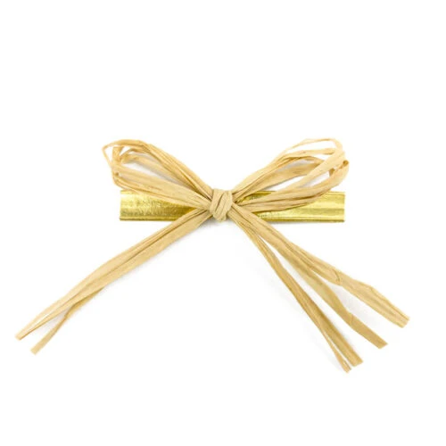 A handmade raffia bow with a double wire tie.