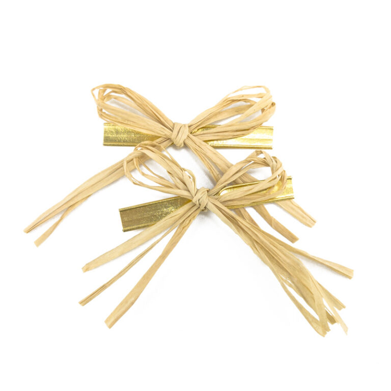 Two handmade raffia bows with double wire ties.