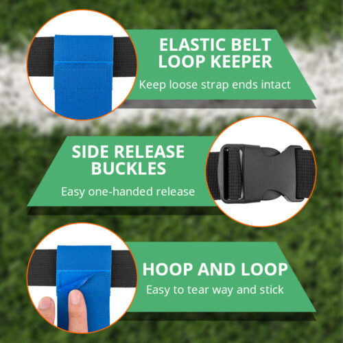 Un juego de cinturones de fútbol bandera ajustables con banderas de velcro en rojo y azul, adecuados para todas las edades.