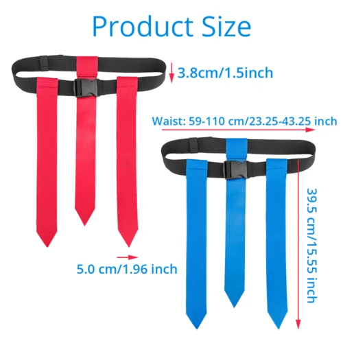 Dos cinturones de fútbol bandera ajustables con banderas de velcro, uno en rojo y el otro en azul, que muestran sus medidas de tamaño.