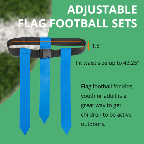 Un cinturón de fútbol bandera con tres banderas azules con velcro adjuntas, ajustable para adaptarse a varios tamaños de cintura.