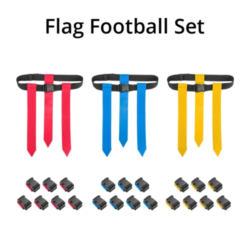 Un juego de cinturones de fútbol bandera en rojo, azul y amarillo con banderas con velcro adheridas.