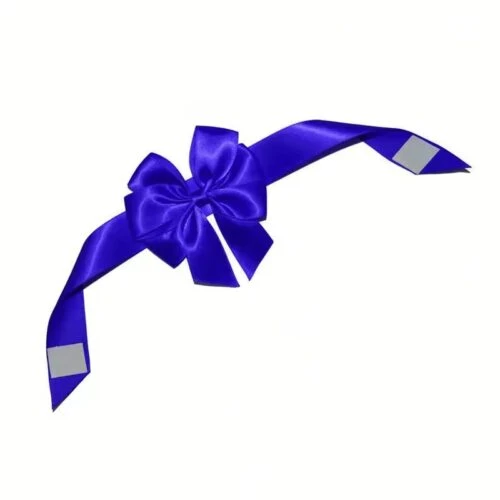 Eine leuchtend blaue Schleife aus Klebeband mit doppelseitigem Klebeband, ideal zum einfachen Anbringen an Geschenkboxen und Paketen.