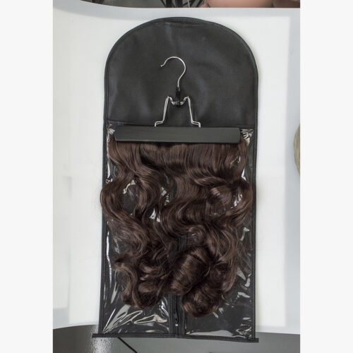 Custom wig hanger bag showcasing a beautifully styled wig, designed for effective storage and presentation.