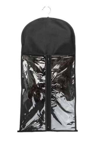 Sac de suspension pour perruque personnalisé présentant un design élégant avec des compartiments transparents pour le rangement des perruques.