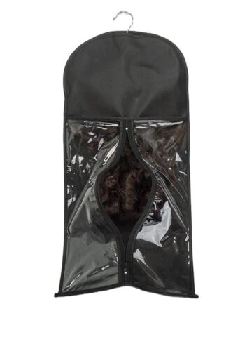 Sac de rangement de perruque noir personnalisé avec une fenêtre transparente et un cintre intégré, conçu pour une protection et une présentation pratiques des perruques.