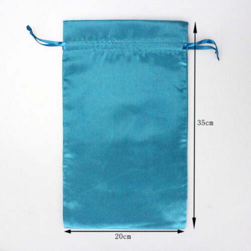 Custom Printed Logo Wig Bag in teal color, demonstrating a drawstring closure and smooth satin finish.