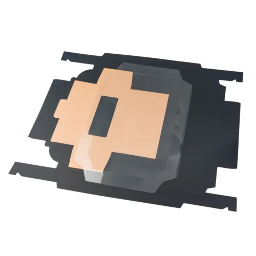 Emballage alimentaire en carton pliable prédécoupé avec boîte extérieure noire, boîte intérieure de couleur papier kraft et couvercle en PVC transparent, conçu pour l'emballage du chocolat.