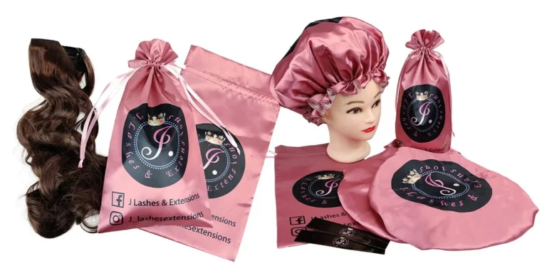 Custom-designed pink satin hair extension bundle bags with black printed logos, stickers, and hang tags from Shenzhen Unimbus Gift Pack Co., Ltd.