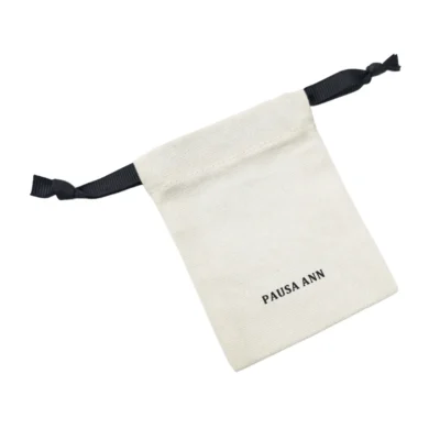 Customizable white drawstring gift bag with black strings by gift bag manufacturer.