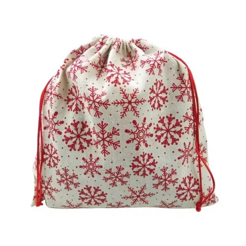Bolsa de regalo con cordón personalizada que presenta un diseño festivo de copo de nieve, ideal para eventos promocionales y regalos.