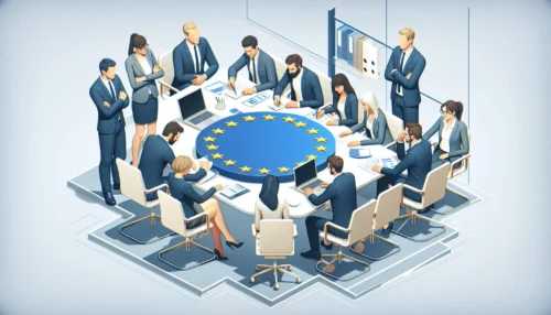 اجتمعت مجموعة متنوعة من المحترفين في مجال الملابس الرسمية حول طاولة دائرية بتصميم علم الاتحاد الأوروبي، لمناقشة الامتثال واللوائح الخاصة بالشخص المسؤول في الاتحاد الأوروبي وسلامة المنتج.
