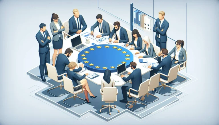 اجتمعت مجموعة متنوعة من المحترفين في مجال الملابس الرسمية حول طاولة دائرية بتصميم علم الاتحاد الأوروبي، لمناقشة الامتثال واللوائح الخاصة بالشخص المسؤول في الاتحاد الأوروبي وسلامة المنتج.