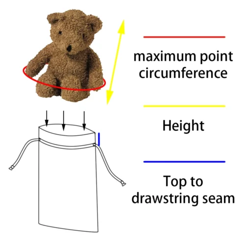 Illustration showing how to measure an irregular item like a teddy bear for a custom drawstring bag with lines indicating maximum point circumference, height, and height to the drawstring seam.
