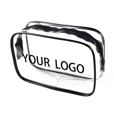 Customizable clear zip bag with black trim and space for company logo.