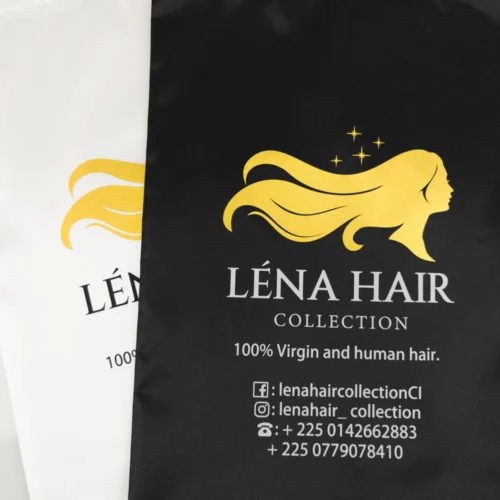 Bolsas de peluca de satén personalizadas con impresión de logotipo dorado.