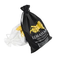 Custom black satin drawstring wig bag with gold and white branding, partially open to display a light-colored wig inside.