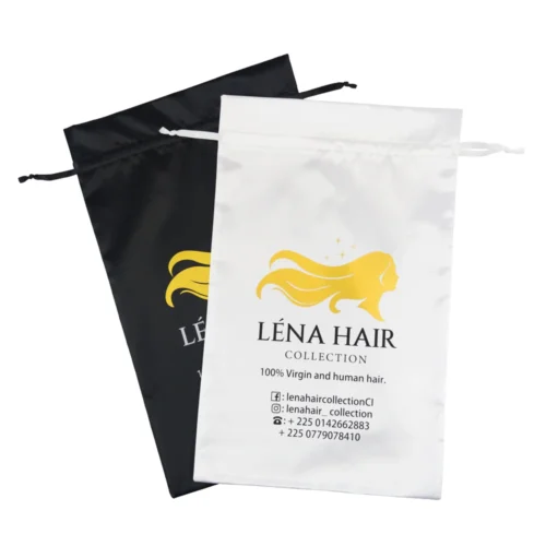 Bolsas para pelucas de satén en blanco y negro personalizables con logotipos dorados y cierres de cordón.