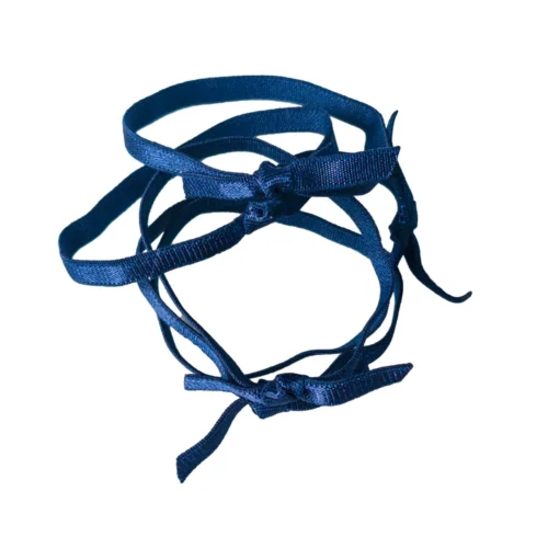 Custom elastic band loop knot in dark blue, showcasing its unique knot structure for decorative use.
