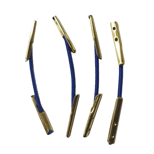 さまざまな色と長さの、金色のバーブが特徴のカスタム伸縮性コード。