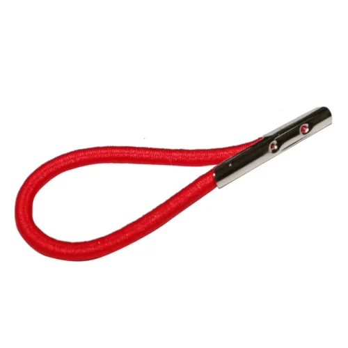 赤色のバーブ付きカスタム エラスティック ループ。金属製のバーブ アタッチメントが目を引きます。