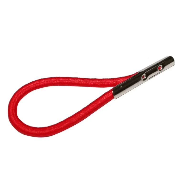 Benutzerdefinierte elastische Schlaufe mit Widerhaken in Rot, der die metallische Widerhakenbefestigung zur Schau stellt.